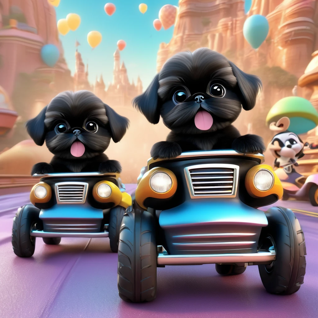 2 Adorable small black Shih Tzu puppies wearing bright goggles riding four wheelers Disney background 3d cartoon 3d render disney pixar style