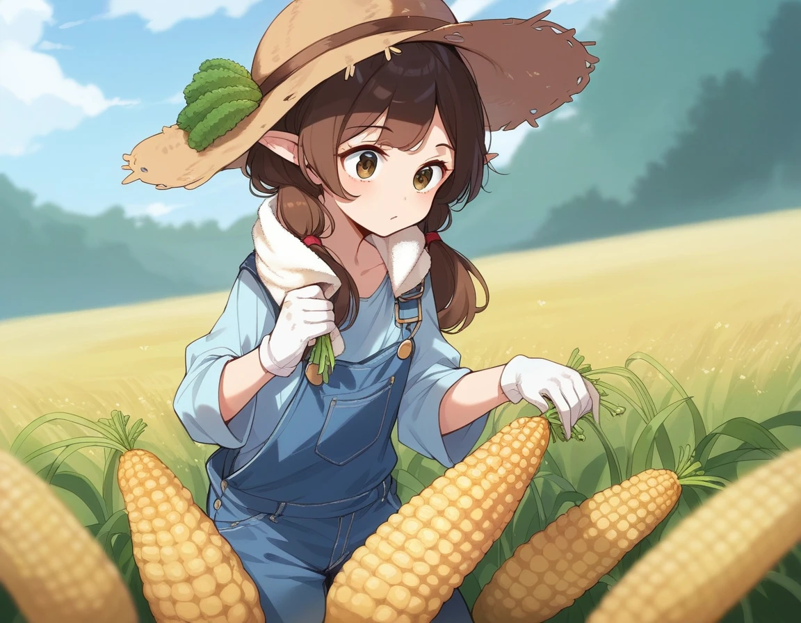 BREAK Perfect Anatomy、(High resolution:1.2)、Incredible illustrations、(Cute illustrations:1.2)、()
(cinematic angle,solo focus,) （Beautiful background（vegetable field),
  1girl(brown hair,twin tails) a girl,elf 1.7meters, 45kg,flat chest,  
  (straw hat,towel around neck,denim overalls,,oversized long sleeve shirt,work gloves)
A girl harvesting corn from a corn field