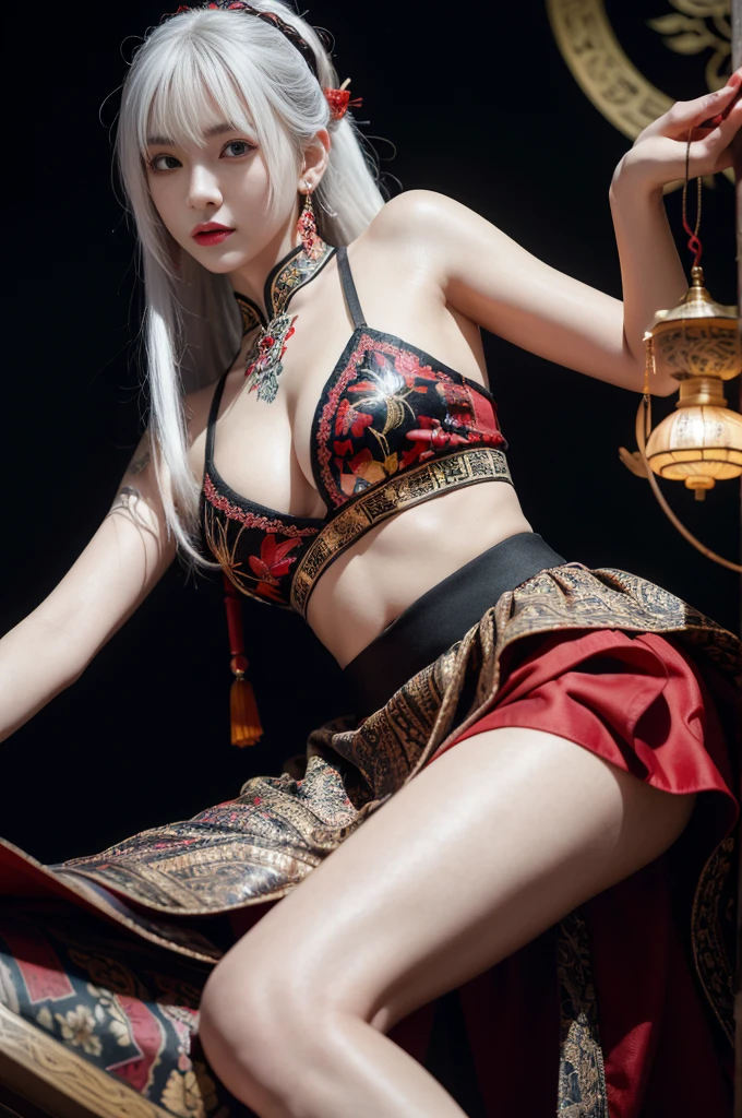 Vibrant colors, woman, masterpiece, Clear focus, best quality, Depth of Field, light, White hair, Red Eyes, Weaving, skirt, Long hair, Red Eyes, Tattoo, earrings, Jewelry, black skirt, Hair accessories, Bangs, Chinese clothes, breast, china skirt, sleeveless, 