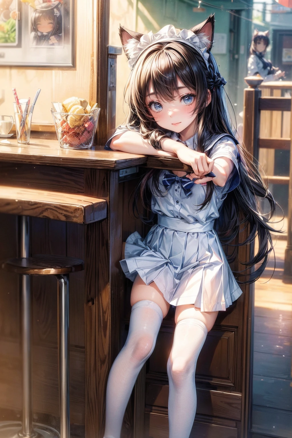 One Girl、(20-year-old woman)、Cat ears headband、Cat tail、Maid、Short skirt、White knee-high socks、Striped pants、Highest quality、8K、Beautiful Face、Mischievous smile、Lift your skirt to show your underwear、Wink、View Viewer、Bright cafe