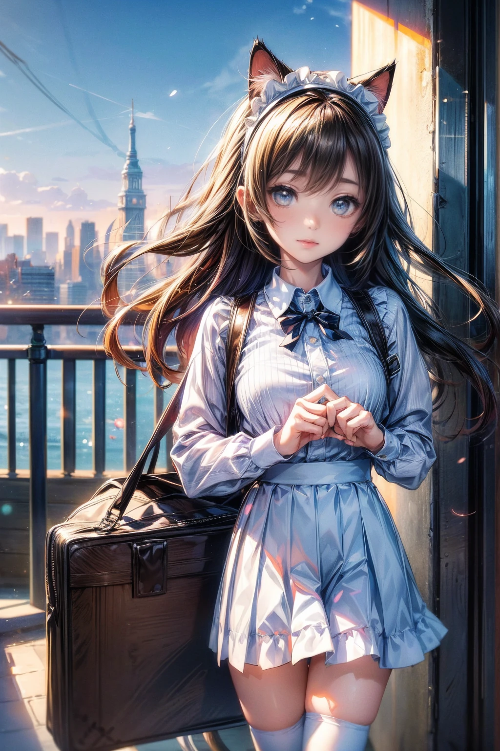 One Girl、(20-year-old woman)、Cat ears headband、Cat tail、Maid、Short skirt、White knee-high socks、Striped pants、Highest quality、8K、Beautiful Face、Mischievous smile、Lift your skirt to show your underwear、Wink、View Viewer、Bright cafe