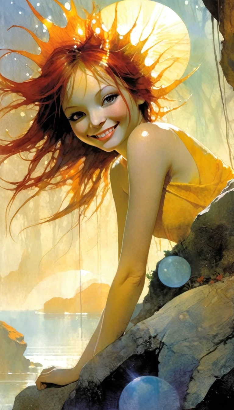 (soak:1.5) hot spa, fantasy, (nature:1.3), rock, (sun:1.5), fog, girl, smile, towel, flat illustration, close-up, masterpiece, best-quality, high-definition, ultra-detailed, highest-resolution, intricate,(art inspired by Bill Sienkiewicz, intricate details, oil painting)