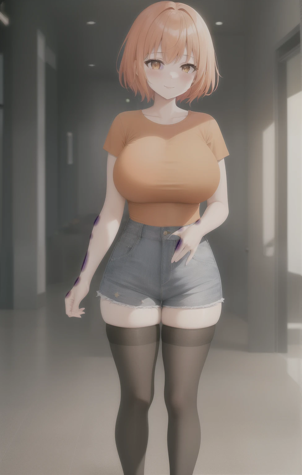 1girl, star eye, blush, perfect illumination, unreal engine, sidelighting, detailed face, bangs, bright skin, simple background, a view of an adult woman wearing a wearing denim shorts and a orange top, big breast, solo, smile, orange hair, short hair, shirt, shorts, full body, crop top, looking at viewer, muscular arms, hands down, black over-the-knee socks, standing, legs and feet are also visible, brown eyes, city, tall, full body, fat