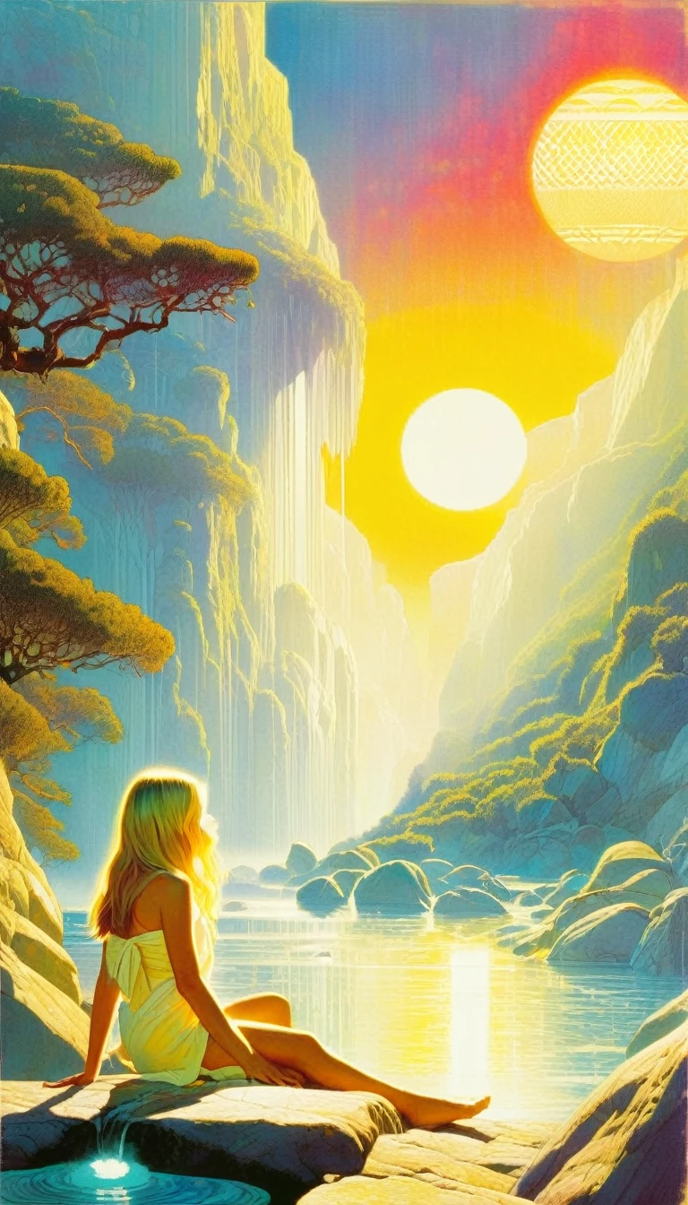 (soak:1.5) hot spa, fantasy, (nature:1.3), rock, (sun:1.5), fog, girl, smile, towel, flat illustration, close-up, masterpiece, best-quality, high-definition, ultra-detailed, highest-resolution, intricate,(art inspired by Bill Sienkiewicz, intricate details, oil painting)