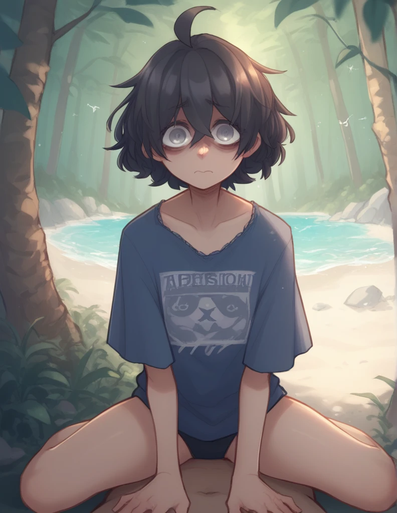 1 girl, alone, ppka, black fur, short hair, messy fur, Ahoge, parts, parts por todo el cuerpo, grey eyes, blind eyes, kind eyes, nervous, looking at the viewer, cute look hippie clothing, hippie, forest,
Swimsuit, long-sleeve shirt, libra shirt, blue shirt, black bikini,
position in 4,
playing in the beach, arena, mar