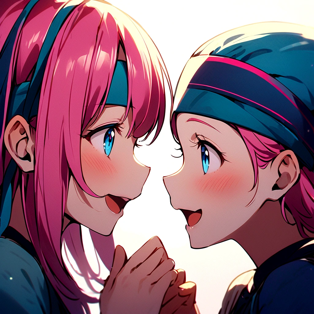 ２People Women、Laugh together、joke、Looking at each other、Pink Hair、Drill Twin、Headband、blue eyes