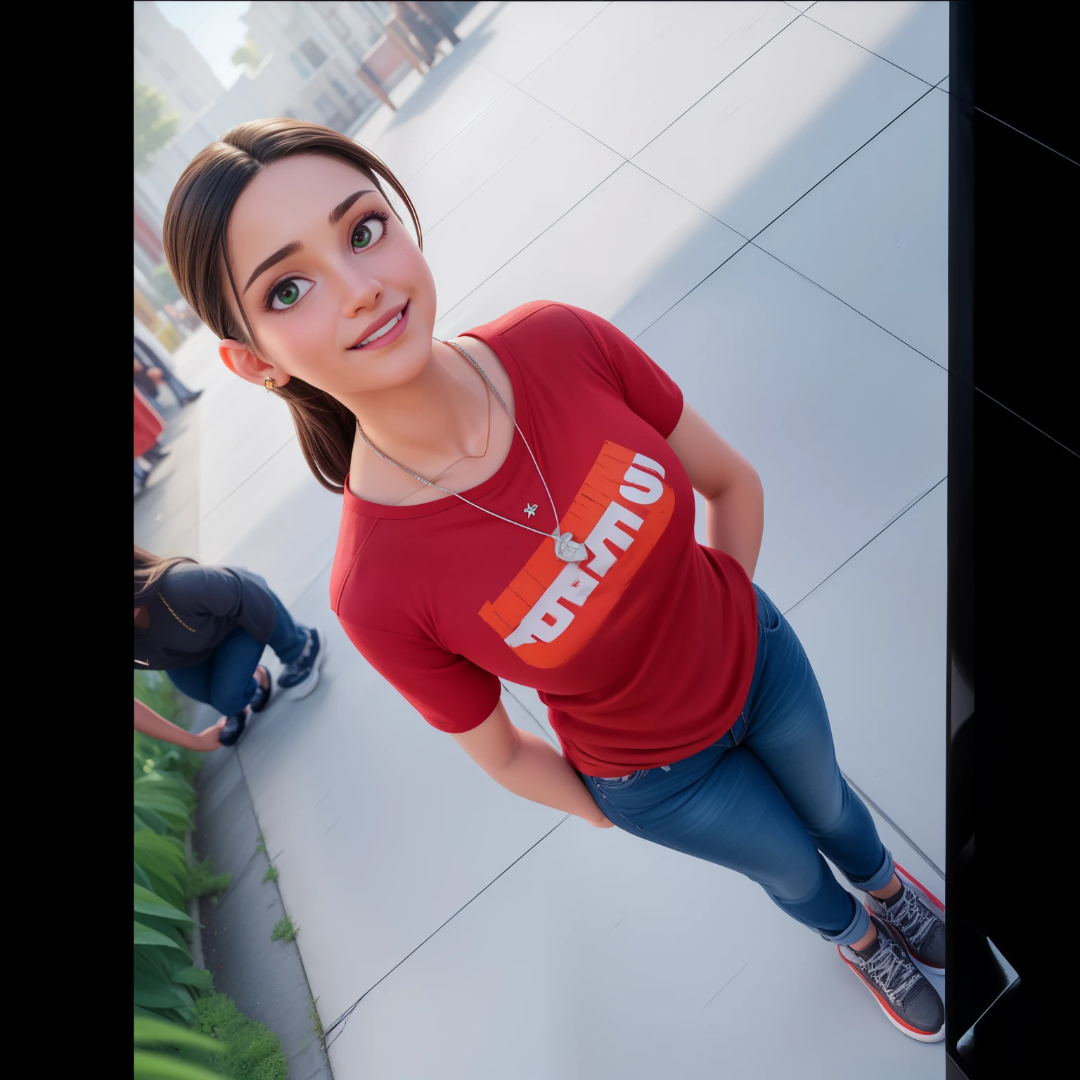 1girl, light brown skin, long black hair, friendly smile, red Supreme t-shirt, necklace with pendant, blue jeans, dark blue sneakers, urban environment, blurry street scene, people, green fence, natural lighting, daytime, photorealistic, highly detailed, extremely detailed face and eyes, detailed facial features, detailed clothing, (best quality,4k,8k,highres,masterpiece:1.2),ultra-detailed,(realistic,photorealistic,photo-realistic:1.37),HDR,UHD,studio lighting,ultra-fine painting,sharp focus,physically-based rendering,extreme detail description,professional,vivid colors,bokeh