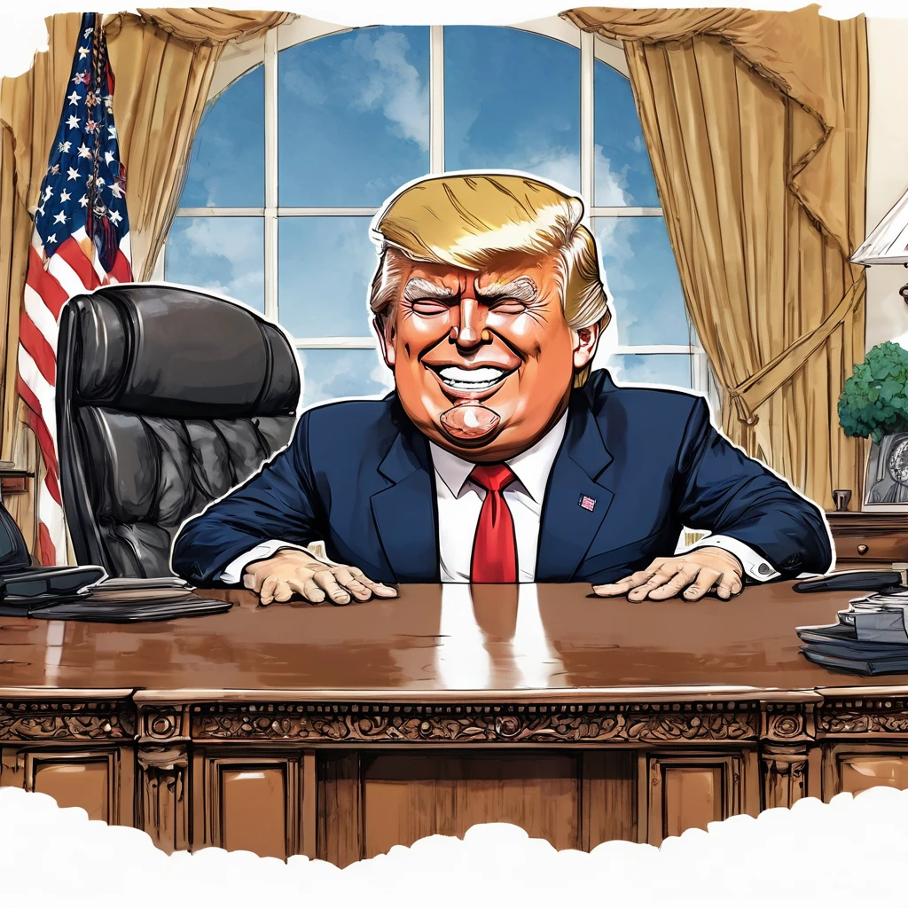 caricature of donald trump , anime style,   angry in oval office , in the white house, very misaligned, laugh