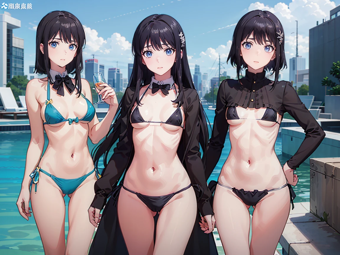 (((High resolution))), (((Very detailedな))), (((Three Girls:1.3))),((7Head to Body:1.3))、 (((Midday Blue Background)))、(((Happy expression))), (((smile:1.5)))、(((Beautiful and detailed eyes:1.3))), (((Very detailed))), (((Details face:1.5))), break , ,sunny, ,(((A bow tie、bikini、underboob:1.3)))、(((Tバッグbikini:1.5))),((Very delicate body))、((Very flat chest))、((Small waist))、((thigh gap:1.2))、Friendly atmosphere、