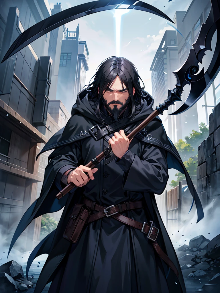 middle age man, black hair, cold brown eyes, confident protective stance, calm expression, black beard reaching middle of chest, blue cloak and hood, shadowy mist, black aura, scythe
