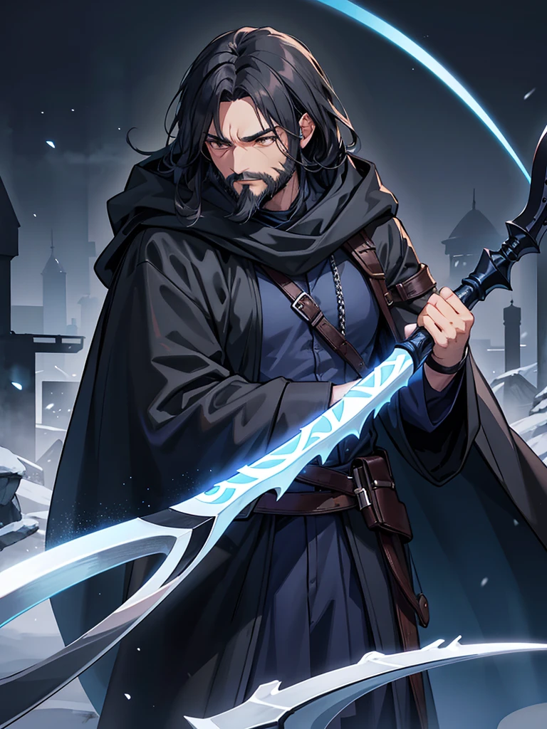 middle age man, black hair, cold brown eyes, confident protective stance, calm expression, black beard reaching middle of chest, blue cloak and hood, shadowy mist, black aura, scythe