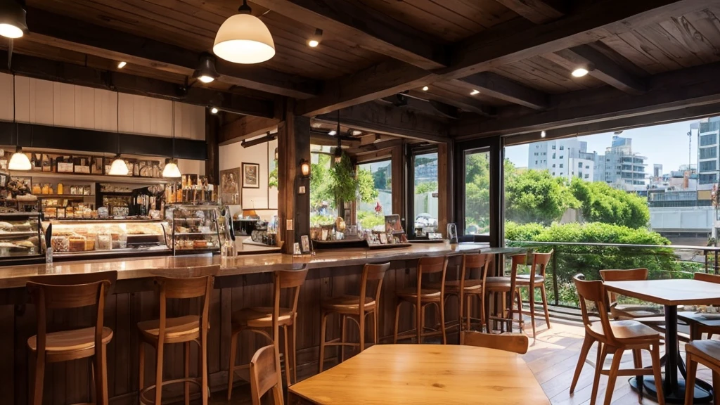 Ghibli Art, Cafe interior, It's raining outside the window, High-definition video, Pleasant atmosphere