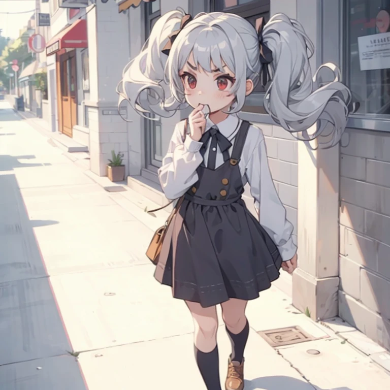 Young girl with grey hair, ((fringed and curly hair)),((curly short twintail)), curly hair ,(red eyes),, ((small bushy eyebrows)), wearing gothic ta clothing, loli, walking to school, bored look, bored face,, girl sucking penis cum bubbling out her mouth, in a street, girl giving a deepthroat blowjob to male, multiple vignettes