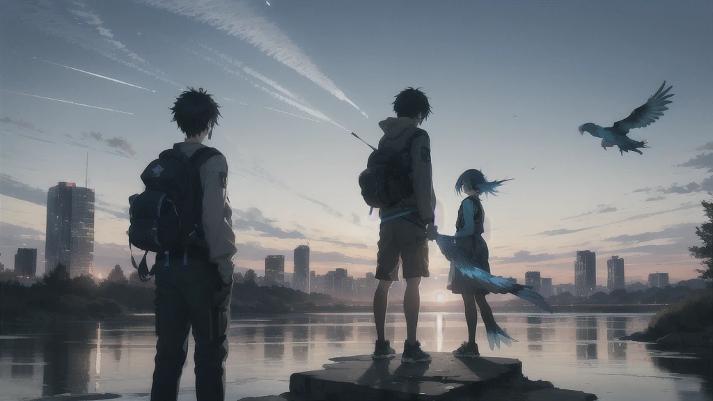 真っ暗なnight空,Octane, star (null), scenery, Blue parakeet,The acoustic guitar is in front of the body.,star, night, A girl and a boy standing back to back, Back view, alone, Outdoor, city,river,Blue parakeet,building, cloud, 天のriver,silhouette