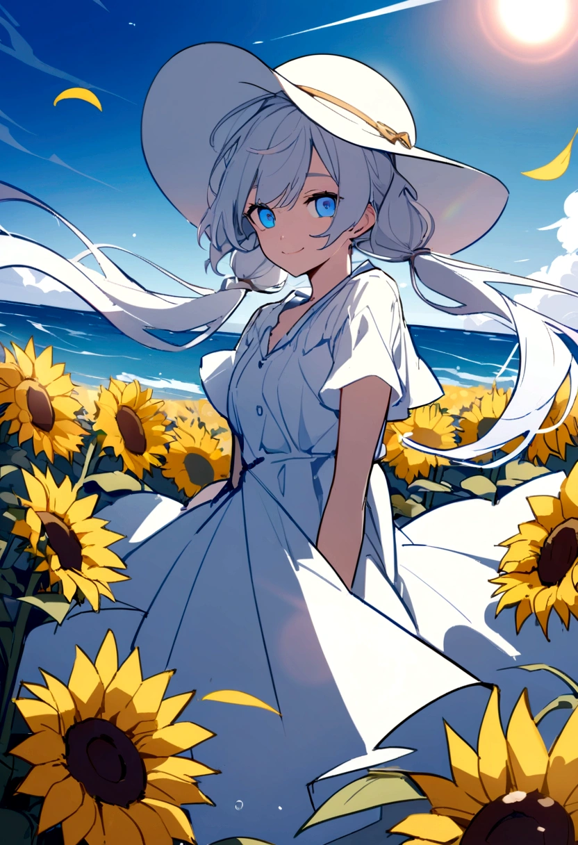 cute ,,alone,Wind,Silver Hair, blue eyes,Very long twin tails,White Hat,blue null,smile,Double teeth,,Lens flare,dramatic, Coastal,
Flying petals, flowery Field, null, sun,Field, sunflower, masterpiece, Highest quality,