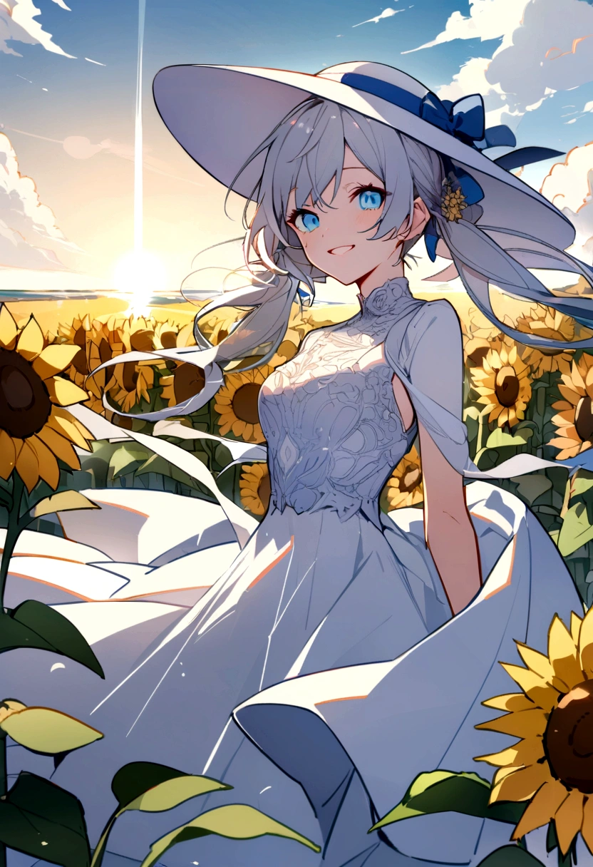cute ,,alone,Wind,Silver Hair, blue eyes,Very long twin tails,White Hat,blue null,smile,Double teeth,,Lens flare,dramatic, Coastal,
Flying petals, flowery Field, null, sun,Field, sunflower, masterpiece, Highest quality,