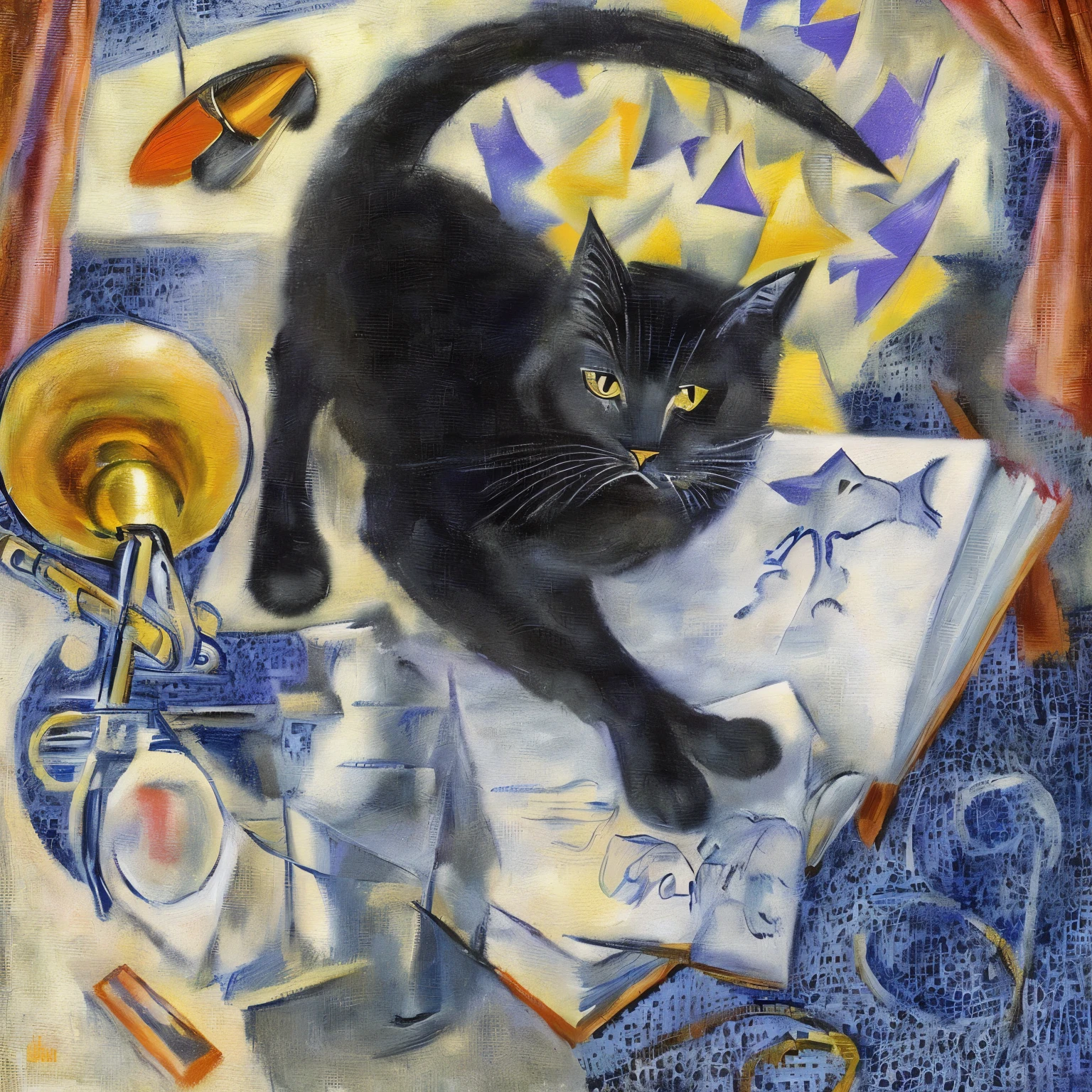 painting of a black cat sitting on a table with a book and a trumpet, by Jean Metzinger, inspired by Dahlov Ipcar, by Dahlov Ipcar, a painting of a cat, painting of a cat, in a painting of a cat, by Gino Severini, by André Lhote, by Hugo Scheiber, by Leo Goetz