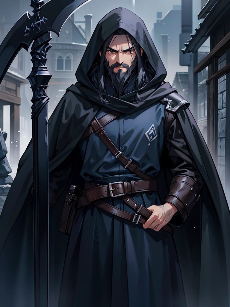 middle age man, black hair, cold brown eyes, confident protective stance, calm expression, long black beard, blue cloak and hood, shadowy mist, black aura, scythe