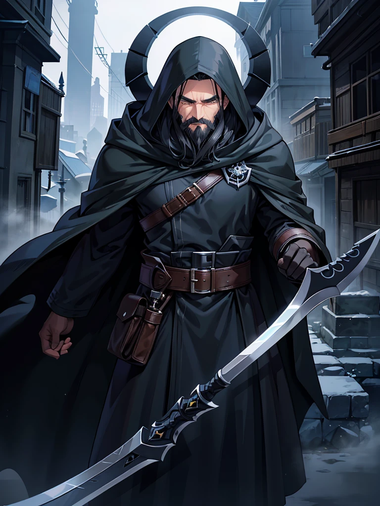 middle age man, black hair, cold brown eyes, confident protective stance, calm expression, long black beard, blue cloak and hood, shadowy mist, black aura, scythe