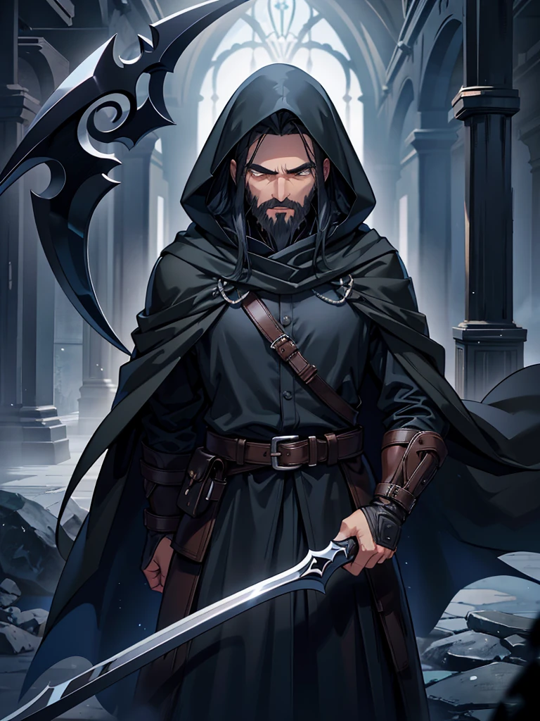 middle  man, black hair, cold brown eyes, confident protective stance, calm expression, long black beard, blue cloak and hood, shadowy mist, black aura, scythe