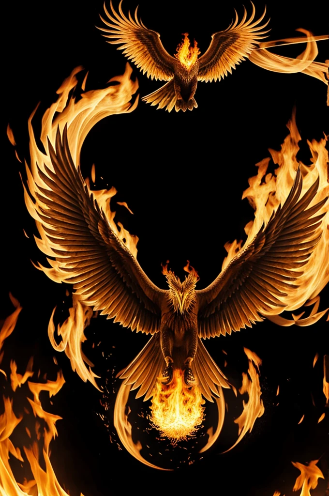 A large phoenix in flames while the first giant phoenix raises its wings on a black background with a circle of fire 