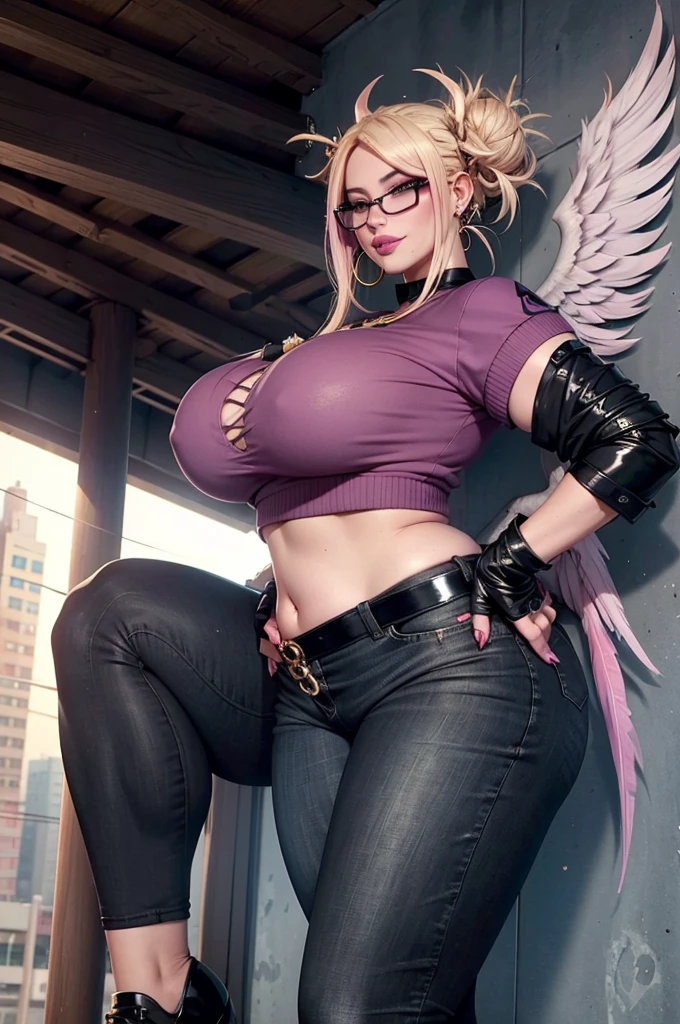 realisticlying,22yo girl,Blonde short、big body, sexy lingerie lace black ,perfect eyes, hair bunches、very very long hair, ultradetailed hair, body nylon sexy, Breasts enlarged、 big body, blonde, woman 1.90 CM,ponytail, ((hair over eyes)),perfect mouth, massive big bounce oppai, WET SKIN, (masterpiece, best quality:1.2), 1girl, solo, city background, haze \(fortnite\), Harpy Haze From fortnite, 1girl, earrings, glasses, hat, jewelry, lips, long hair, looking at viewer, makeup, nail polish, pink eyes, pink hair, pink nails, smile, sunglasses, tinted eyewear, belt, black pants, crop top, eyeshadow, midriff, navel, pants, choker, fingernails, round eyewear, sharp fingernails, standing, black feathers, black headwear, hoop earrings, horned headwear, horns, denim, winged arms, feather trim, star \(symbol\), elbow gloves, dark pink lips, feathers, heels, shoes, angel wings, bangle, black wings, crop top overhang, feathered wings, harpy, low wings, multicolored hair, multicolored wings, pink wings, wings, fingerless gloves, shirt, long fingernails, boater hat, bootcut pants, leather pants, sleeves, black sleeves,massive big bounce oppai,massive big bounce oppai,massive big bounce oppai,