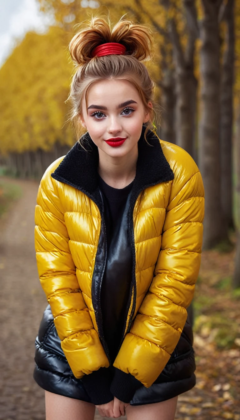 ultrarealistic high quality fullbody photo of a beautiful slim european teen girl with cute hyperdetailed shy face and natural redhead short messy bun and mischievous face, realistic round hazel eyes, red lips, dark eye makeup with eyeliner, wearing shiny yellow puffer jacket and faux leather leggins, hourglass body, outdoor shooting