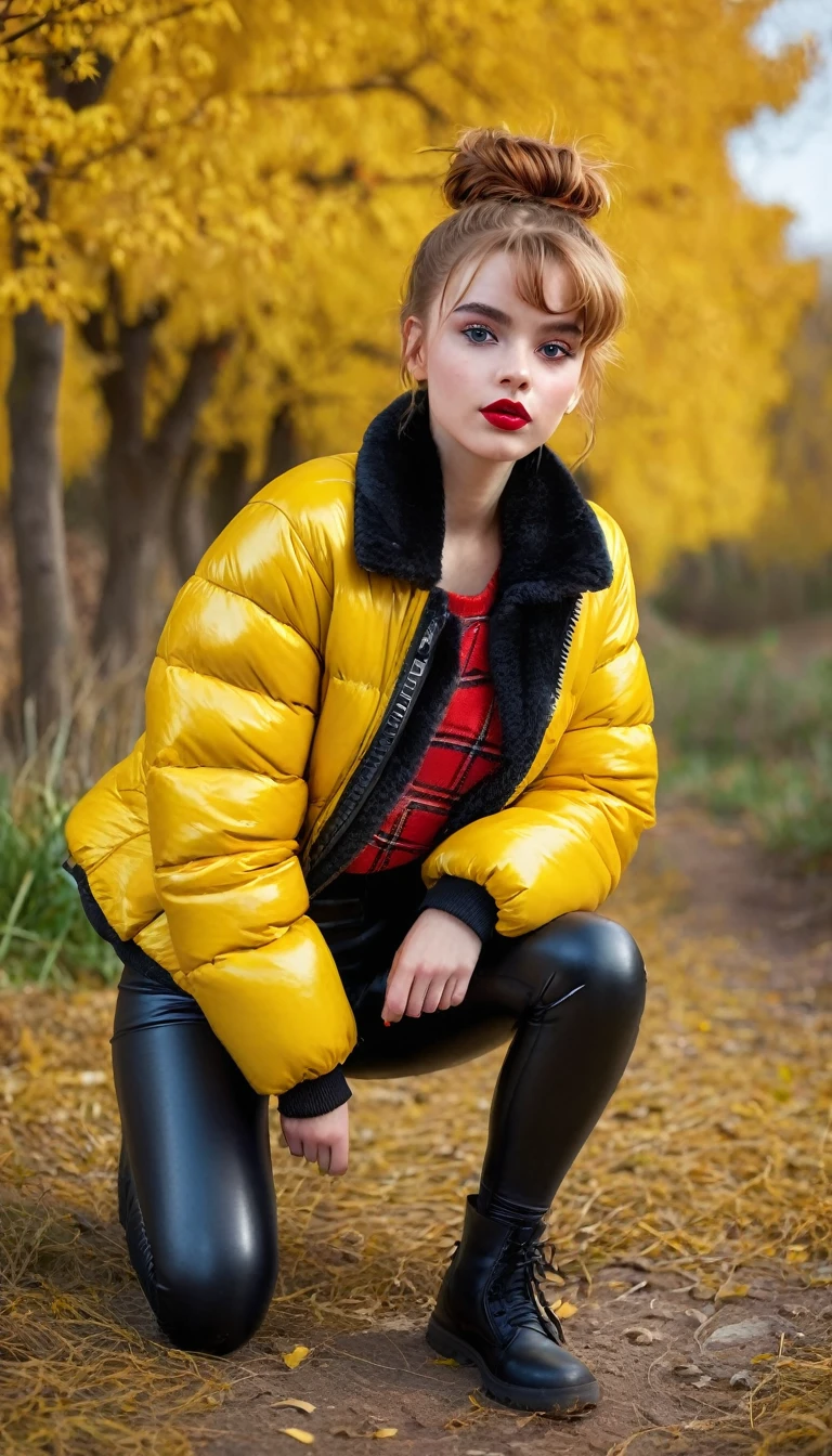 ultrarealistic high quality fullbody photo of a beautiful slim european girl with cute hyperdetailed shy face and natural redhead short messy bun and mischievous face, realistic round hazel eyes, red lips, dark eye makeup with eyeliner, wearing shiny yellow puffer jacket and faux leather leggins, hourglass body, outdoor shooting