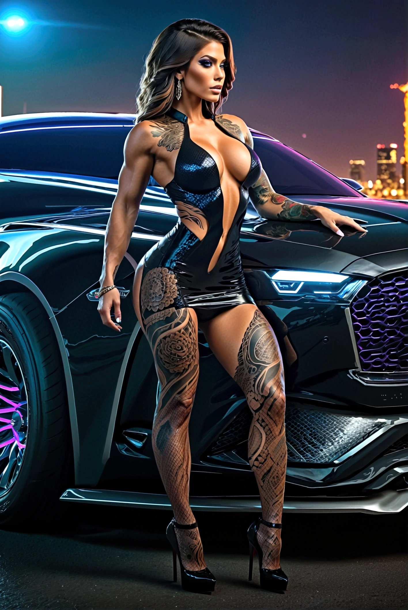 Create a hyper detailed photograph of a tattooed muscular young sexy kaiju , Stunningly perfect gorgeous face, perfect makeup, detailed vibrant neon sapphire eyes, long hair, big beautiful muscular legs, big beautiful muscular arms, big back muscles, perfect body, muscular abs, detailed smooth skin, big breast, big muscular ass, black lace dress, detailed realistic futuristic fantasy luxury vehicle,