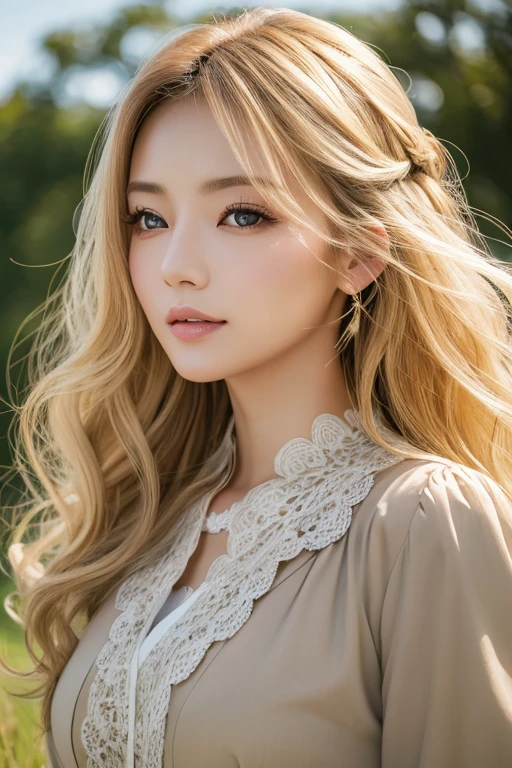 (masterpiece:1.2), (Highest quality:1.2), Perfect Eyes, Perfect Face, Perfect lighting, One girl, Mature Japanese woman in a field, Medium blonde hair, Curly Hair, Detailed clothing, Detailed outdoor background, compensate, eye shadow, Thick eyelashes, Fantasy, Looking at the audience, spring 