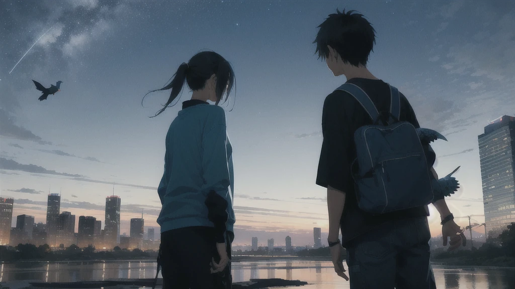 真っ暗なnight空,Octane, star (null), scenery, Blue parakeet,The acoustic guitar is in front of the body.,star, night, A girl and a boy standing back to back, Back view, alone, Outdoor, city,river,Blue parakeet,building, cloud, 天のriver,silhouette