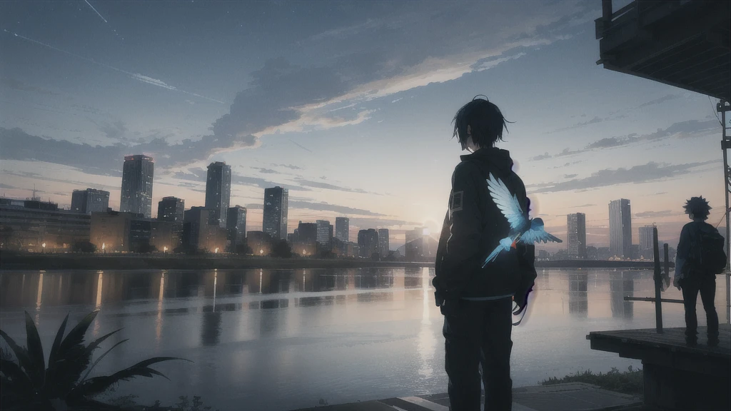 真っ暗なnight空,Octane, star (null), scenery, Blue parakeet,The acoustic guitar is in front of the body.,star, night, A girl and a boy standing back to back, Back view, alone, Outdoor, city,river,Blue parakeet,building, cloud, 天のriver,silhouette