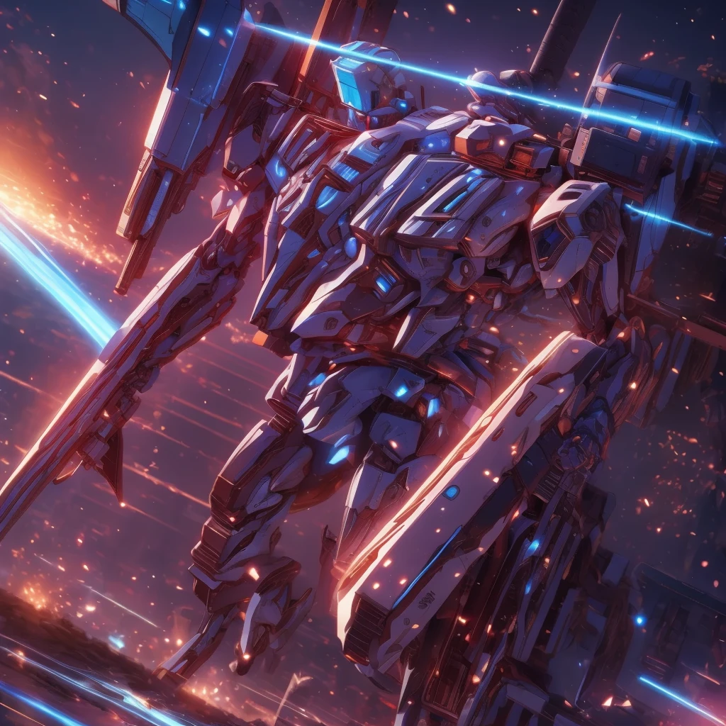 Obra de arte, melhor qualidade:1.7)Mech branco e azul com detalhes dourados, médio, segurando uma sniper azul grande. Extremely detaild, 4K UHD, HDR, naturallight, cinematic lighting, masterpiece-anatomy-perfect, ultra HD, Space Combat, Battlefield, RAW photo, metallic, ultra-fine painting, perfect body proportions, anatomically correct, real texture material, Anti-Aliasing, TXAA, SSAO, Post Processing, Post Production, Tone Mapping, CGI, VFX, SFX, Hyper maximalist, ultra photorealultra-detailed intricate details.