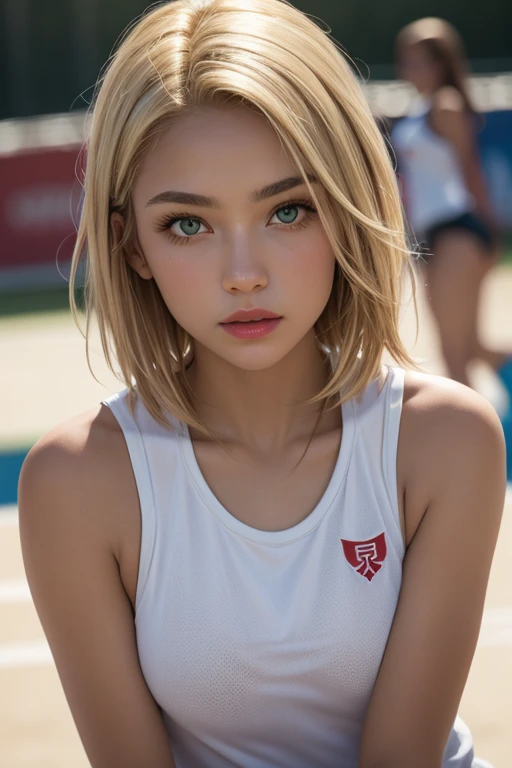 Details above. High Quality. movie.a beautiful girl. Short golden hair.Big green eyes. red lips. white skin. Athlete's body . flat stomach.Big buttocks.Fat and very tight pants.Dress:Open collar half body.