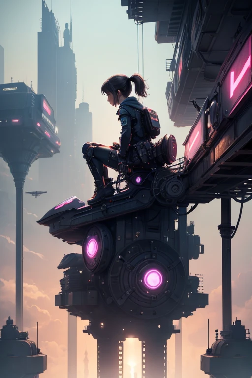 A girl sits on top of a complex machinery structure in a futuristic city