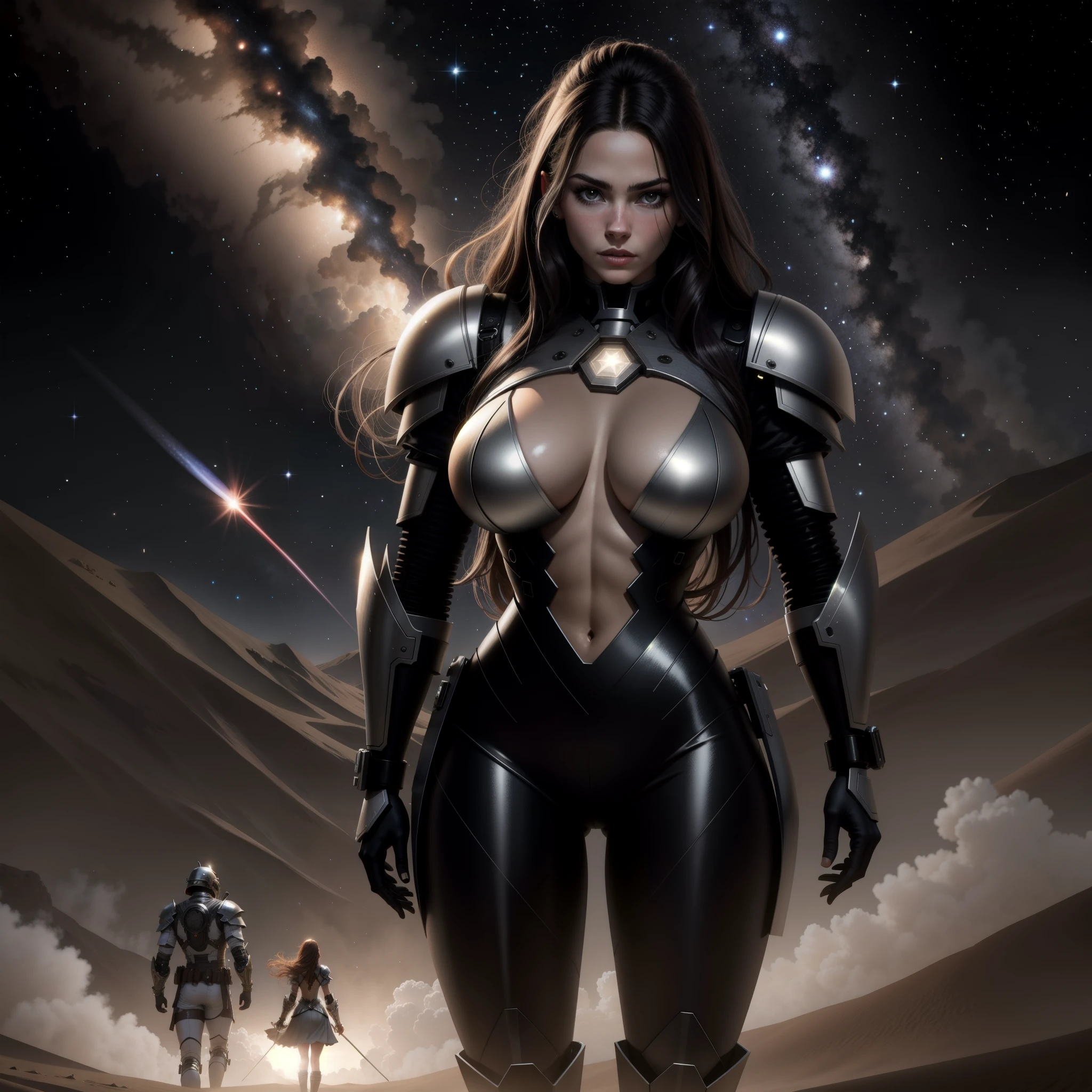 High resolution drawing of big long hair warrior facing the camera with illuminated bionic armor with muscular body, head turned to the right looking at a woman on her knees with huge breasts, walking in a saturnian desert, stars and comets in the sky.