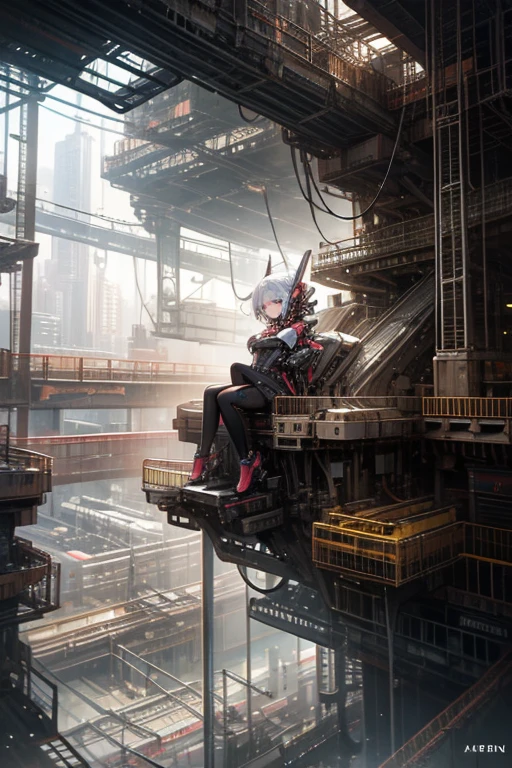 A girl sits on top of a complex machinery structure in a futuristic city