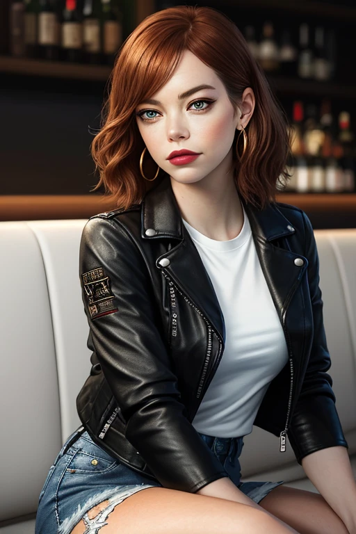 emma stone, realistic skin texture, (black leather jacket, black boot, white t-shirt, ripped jeans), sharp focus, 8K high definition, insanely detailed, intricate, art by Stanley Lau and Artgerm, bar setting, extremely detailed hazelnut eyes, long golden red hair with side bangs, red lips, brown eyeshadow, black outlined, black mascara, chubby, curviline, plump, ear piercing