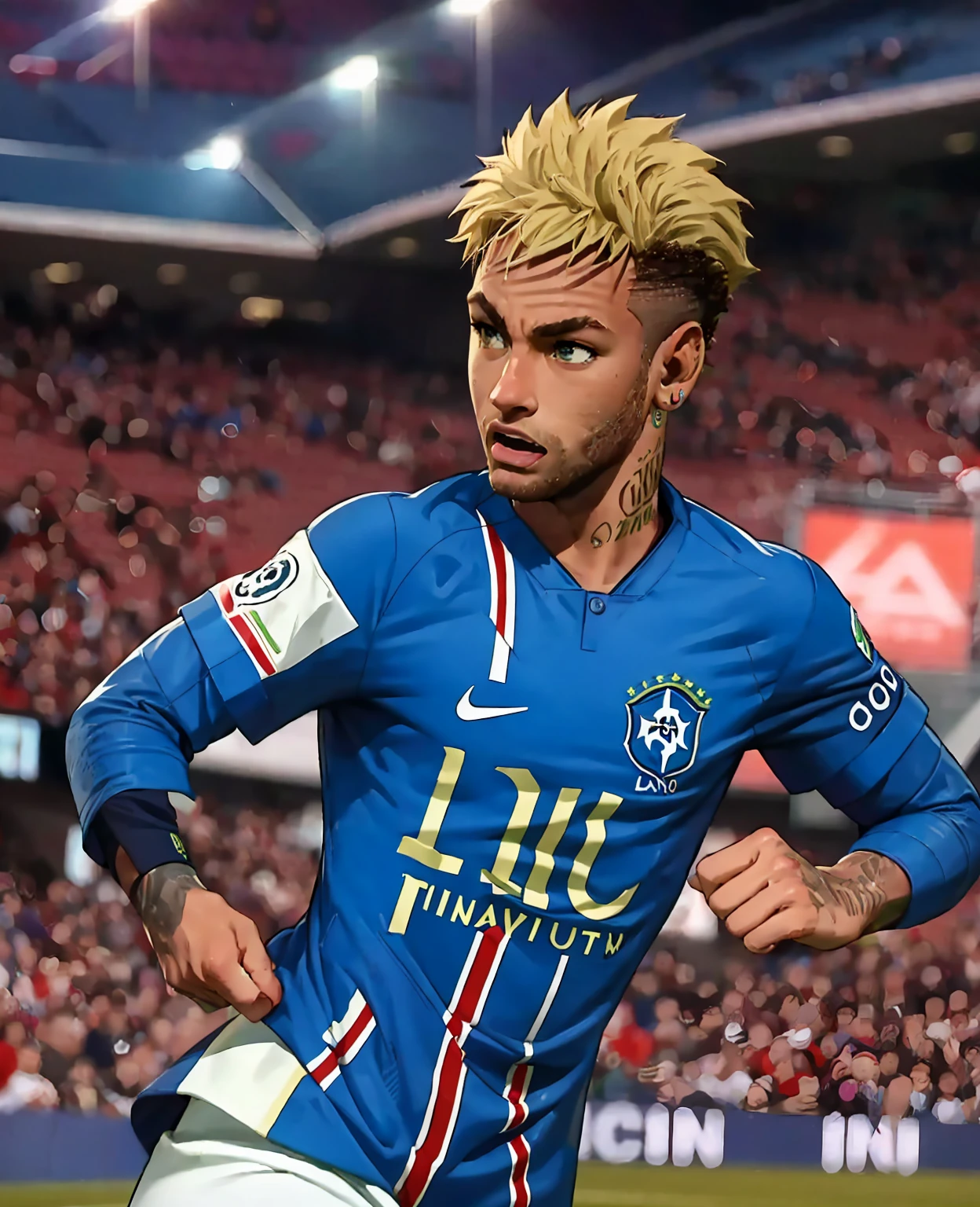 a soccer player, Neymar, striking a soccer ball, ultra-detailed, photorealistic, dramatic lighting, sports action, muscular male figure, intense facial expression, vivid colors, dynamic pose, motion blur, field, stadium environment, cinematic composition, award-winning photograph