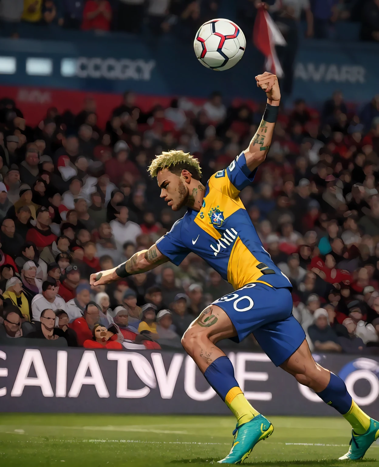 a soccer player, Neymar, striking a soccer ball, ultra-detailed, photorealistic, dramatic lighting, sports action, muscular male figure, intense facial expression, vivid colors, dynamic pose, motion blur, field, stadium environment, cinematic composition, award-winning photograph