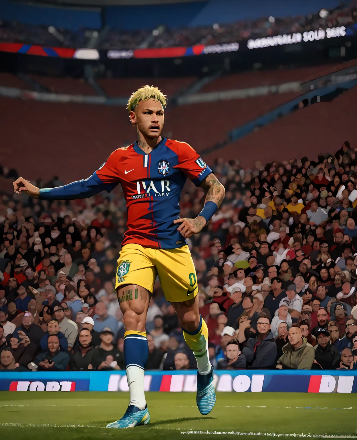 a soccer player, Neymar, striking a soccer ball, ultra-detailed, photorealistic, dramatic lighting, sports action, muscular male figure, intense facial expression, vivid colors, dynamic pose, motion blur, field, stadium environment, cinematic composition, award-winning photograph