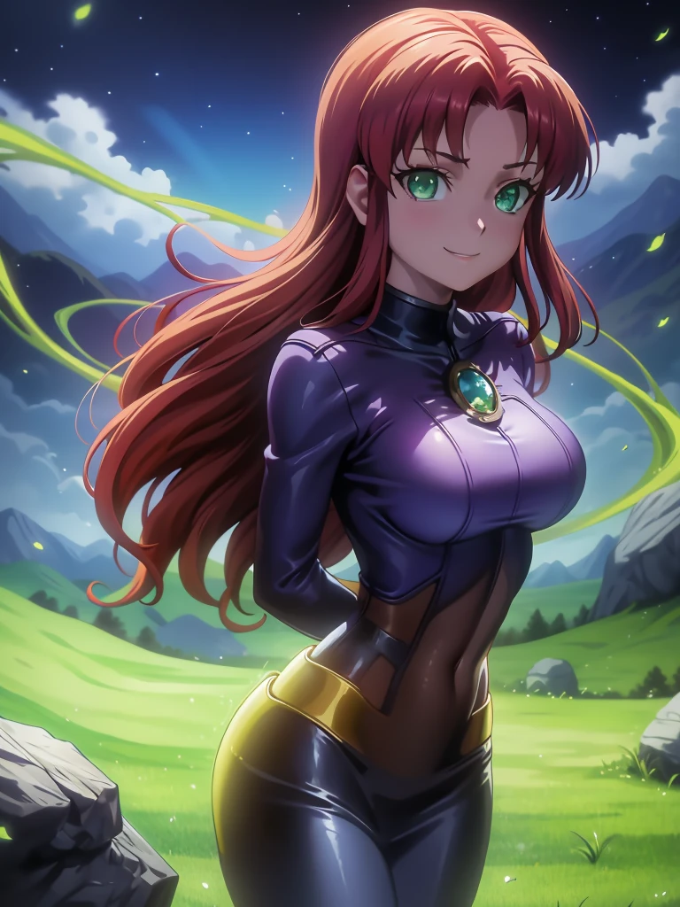 masterpiece)), best quality, ultra detailed, looking at viewer, intricate details, rich colors, sharp focus, volumetric lighting, dramatic atmosphere, nabiki tendo, brown eyes, nabiki, looking at viewer, 8k, 4k,light particles, highly detailed, detailed eyes, solo, looking at the viewer, high quality, Titans, redhead, green eyes, arms behind back, big tits, SMILE, blue sky, grassy plains,