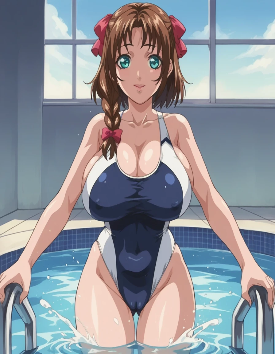 score_9, score_8_up, source_anime Bibl3, cute girl, splashing in pool, busty shortstack, brown hair, twin braid hair, hair ornament, hair ribbon, racing swimsuit, huge breasts, heavy breasts, breast expansion, full lips, vivid lips, wide hips, thick thighs, cameltoe, viewed from front, gym pool, happy smile, innocent expression, hip focus, looking at viewer, raised eyebrows, detailed eyes, detailed face, pretty girl,