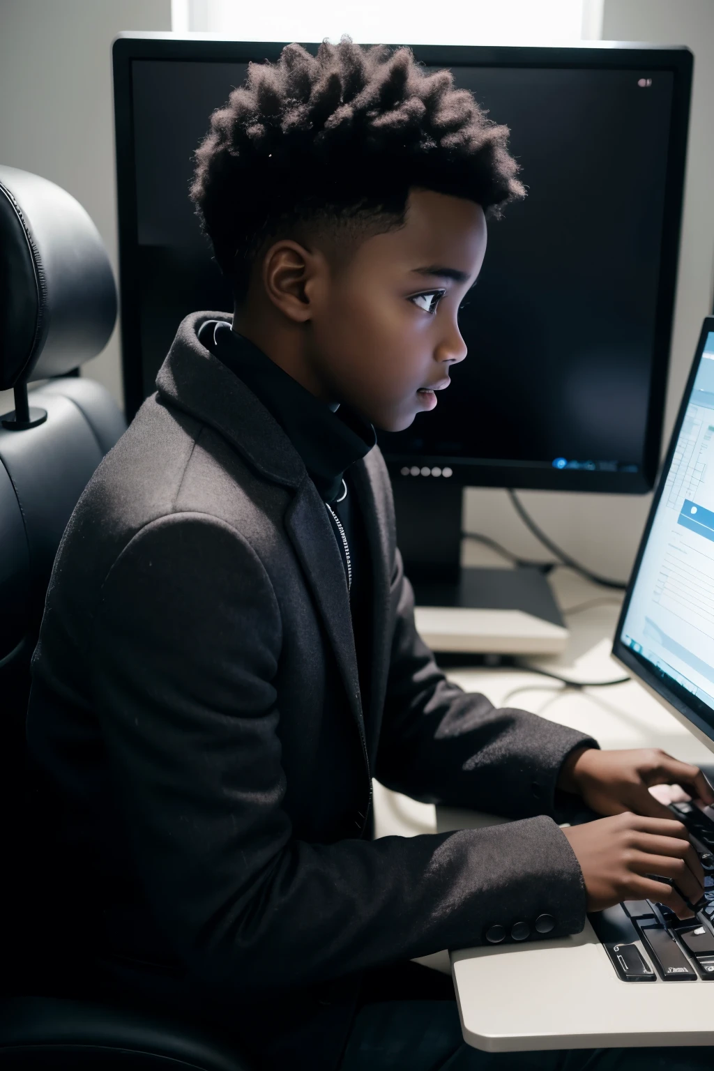 Profile photo of a dark-skinned boy using a computer with a coat