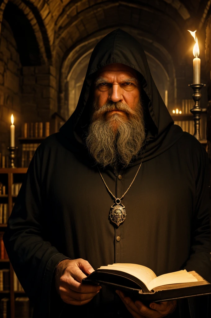 Imagine an imposing figure, long black hood, the white beard running down the chest, deep, penetrating eyes that seem to see beyond the present. His wrinkled hands hold a wand that emanates an incandescent light.. The bird skull amulet rests on his chest, irradiando um brilho sinistro. He is in a laboratory inside a cave, surrounded by old books, potion bottles and magical artifacts, while a mystical fire illuminates the environment.