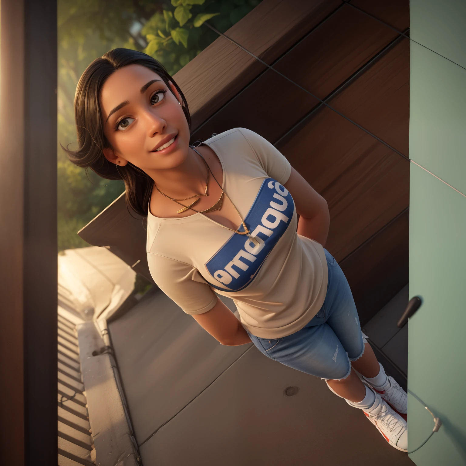 1girl, light brown skin, long black hair, friendly smile, red Supreme t-shirt, necklace with pendant, blue jeans, dark blue sneakers, urban environment, blurry street scene, people, green fence, natural lighting, daytime, photorealistic, highly detailed, extremely detailed face and eyes, detailed facial features, detailed clothing, (best quality,4k,8k,highres,masterpiece:1.2),ultra-detailed,(realistic,photorealistic,photo-realistic:1.37),HDR,UHD,studio lighting,ultra-fine painting,sharp focus,physically-based rendering,extreme detail description,professional,vivid colors,bokeh