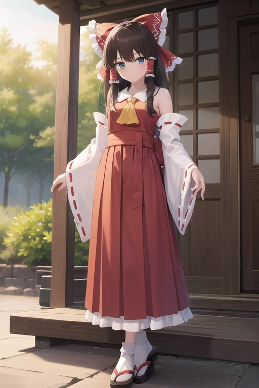 Reimu Hakurei, Reimu Hakurei, (Brown eyes:1.5), Brown Hair, bow, hair bow, Hair Tube, Long Hair, red bow, Side Lock,
break ascot, Bare shoulders, Black footwear, Removable sleeves, embellished costume, Frills, kimono, Non-traditional Shrine Maiden, red skirt, Sandals, sarashi, skirt, socks, White sleeves, white socks, Wide sleeves, Yellow Ascot, Zouri,
break looking at viewer,
break outdoors, shrine,
break (masterpiece:1.2), Highest quality, High resolution, unity 8k wallpaper, (figure:0.8), (Beautiful attention to detail:1.6), Highly detailed face, Perfect lighting, Highly detailed CG, (Perfect hands, Perfect Anatomy),