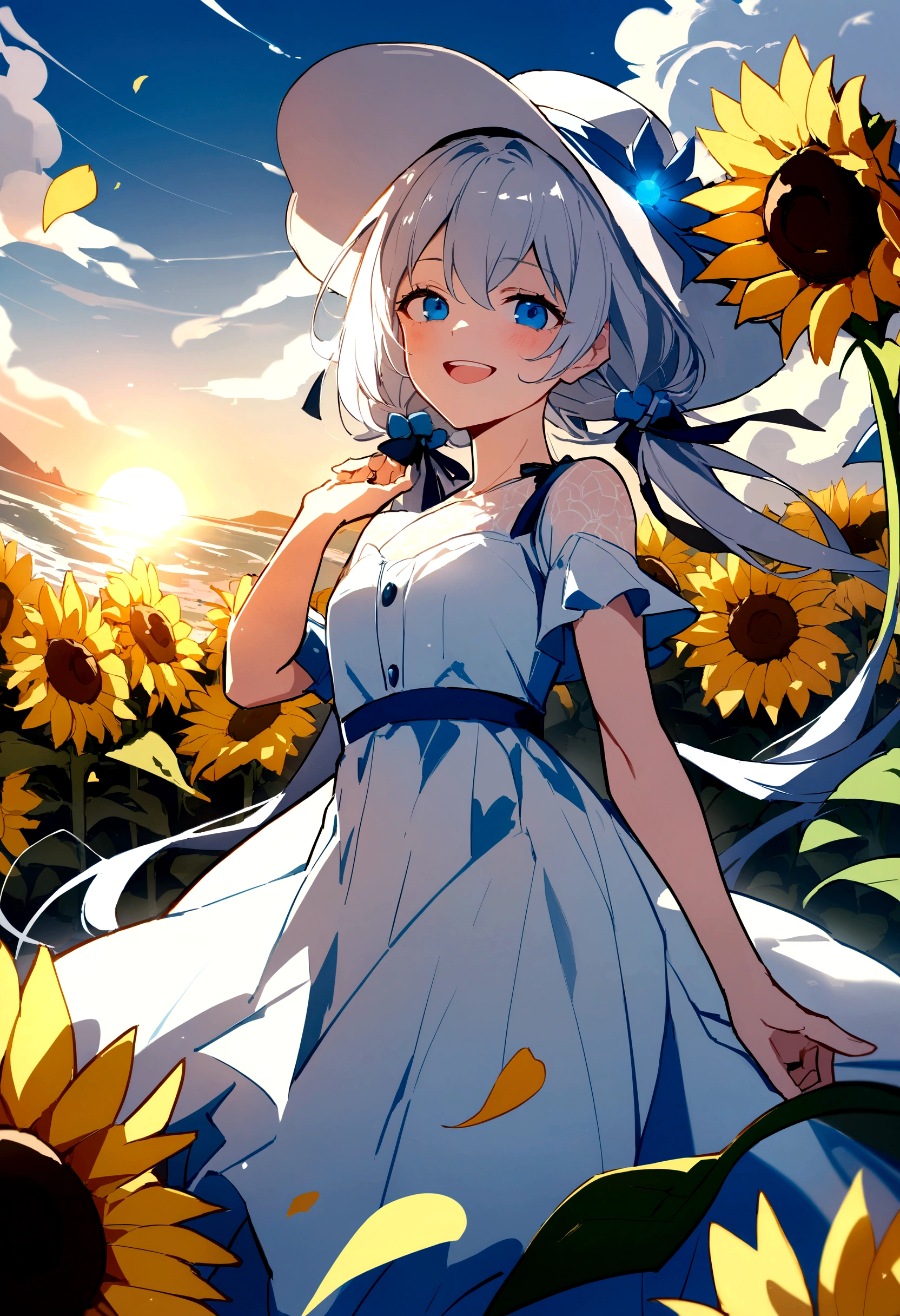 cute ,,alone,Wind,Silver Hair, blue eyes,Very long twin tails,White Hat,blue null,smile,Double teeth,,Lens flare,dramatic, Coastal,
Flying petals, flowery Field, null, sun,Field, sunflower, masterpiece, Highest quality,