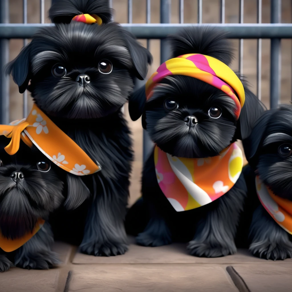 2 Adorable small black Shih Tzu puppies wearing bright bandannas in jail Disney background 3d cartoon 3d render disney pixar style