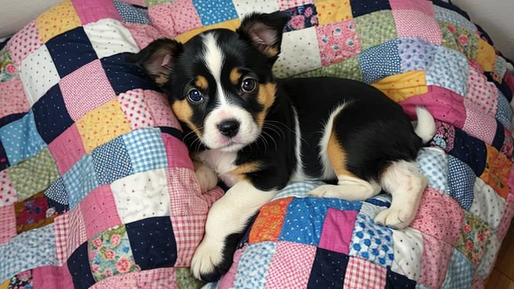  Create an image of a puppy made entirely of a patchwork quilt, curled up asleep inside a patchwork quilt.